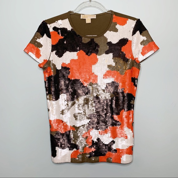 MICHAEL Michael Kors Orange Camo Sequin Shirt - Picture 1 of 7